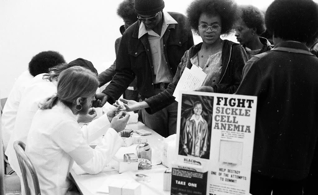 Black Panthers put on a Black Community Survival Conference, at the Civic Auditorium. April 1972, Bags of groceries are given away, and participants can also take sickle cell anemia tests and register to vote