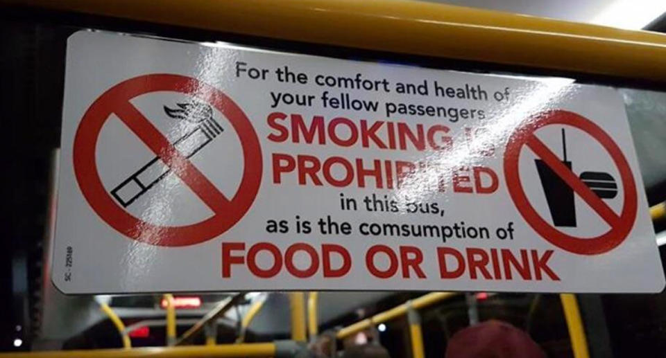 An information sticker advising Brisbane bus commuters that smoking and the consumption of food and drinks is prohibited contained an embarrassing oversight. Source: nacrimo/Reddit