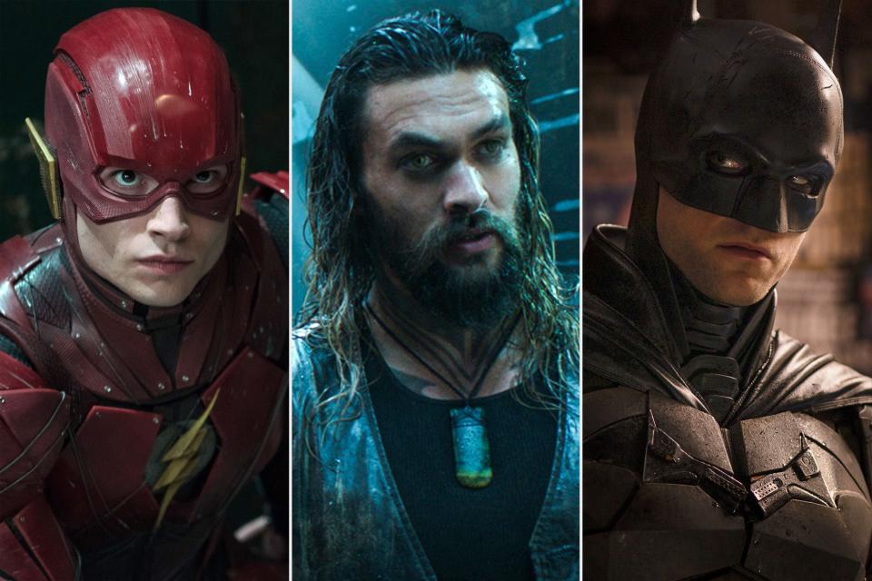 Ezra Miller as The Flash.Jason Momoa as Aquaman and Robert Pattinson as Batman