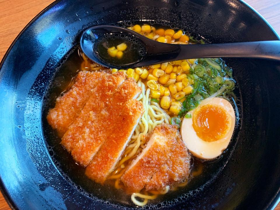 The Katsu-Men ramen at Kazu features a clear chicken broth with fresh corn and chicken katsu.