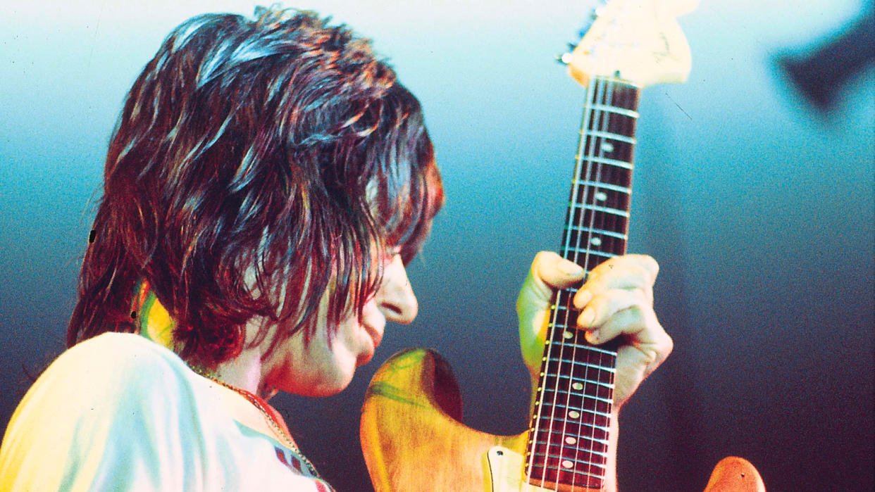  Jeff Beck performs in the early '70s with a natural/stripped Fender Stratocaster 