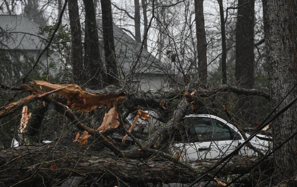 A fallen tree in the 400 block of Westbury Road in the Cotswold neighborhood blocks the road and causes damage to vehicles in the driveway as a result of a severe weather system over Charlotte on Tuesday, January 9, 2024.