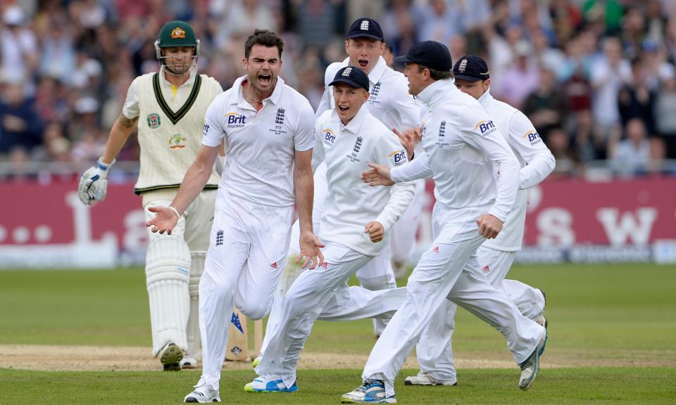 <span>Jimmy Anderson celebrates bowling the <a class="link " href="https://sports.yahoo.com/soccer/teams/australia-women/" data-i13n="sec:content-canvas;subsec:anchor_text;elm:context_link" data-ylk="slk:Australia;sec:content-canvas;subsec:anchor_text;elm:context_link;itc:0">Australia</a> captain, Michael Clarke, at Trent Bridge in 2013.</span><span>Photograph: Tom Jenkins/The Guardian</span>