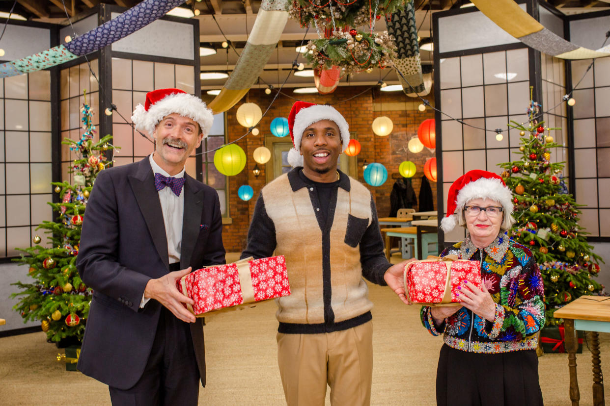  The Great British Sewing Bee Christmas special 2023 host Kiell Smith-Bynoe with judges Patrick and Esme. 