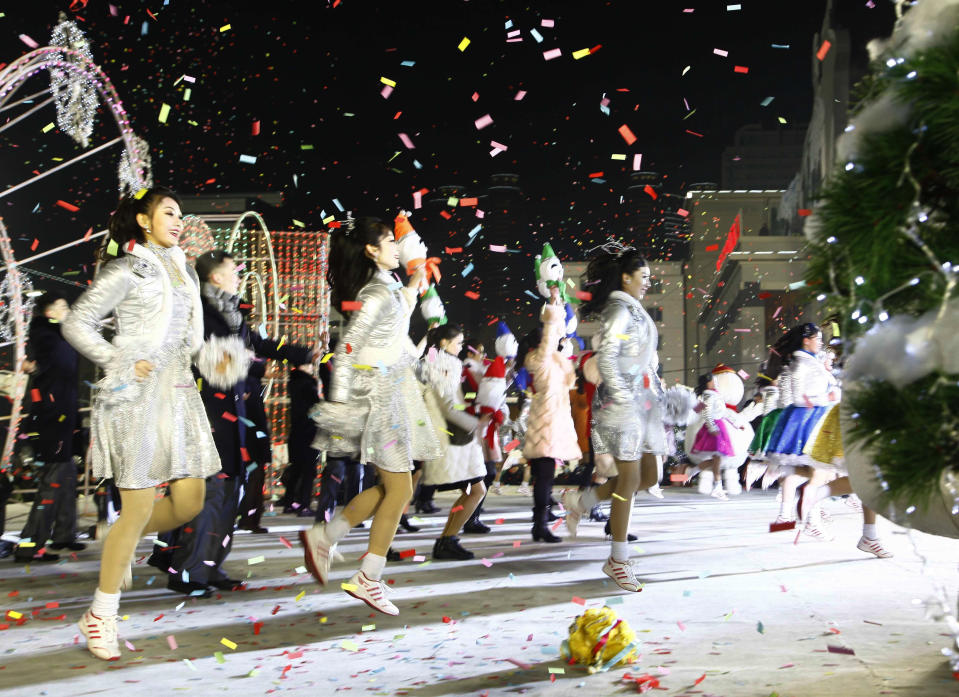 Dancers perform during celebrations to mark the New Year, at Kim Il Sung Square in Pyongyang, North Korea, early Friday, Jan., 1, 2021. (AP Photo/Jon Chol Jin)