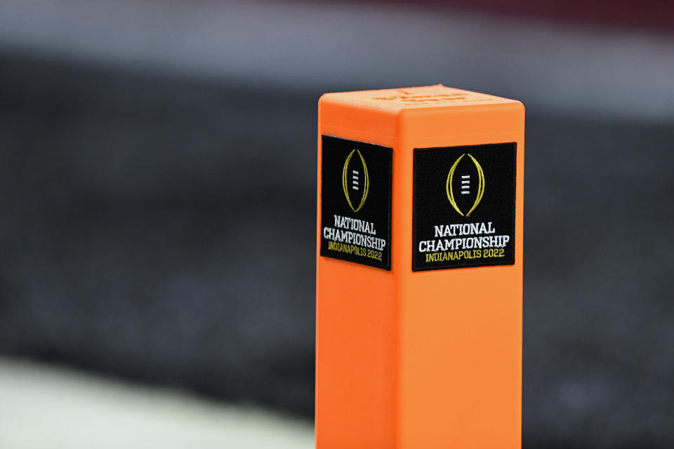 INDIANAPOLIS, IN - JANUARY 10: An end zone pylon displays the National Championship logo during the Alabama Crimson Tide versus the Georgia Bulldogs in the College Football Playoff National Championship, on January 10, 2022, at Lucas Oil Stadium in Indianapolis, IN. (Photo by Michael Allio/Icon Sportswire via Getty Images)