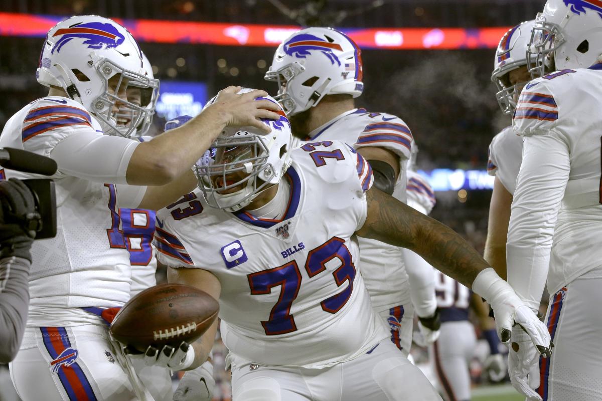 Buffalo Bills' Dion Dawkins lines-up during the first half of an