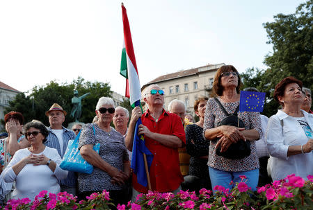 People attend a demonstration against Hungary's Prime Minister Viktor Orban in Budapest, Hungary, September 16, 2018. REUTERS/Bernadett Szabo