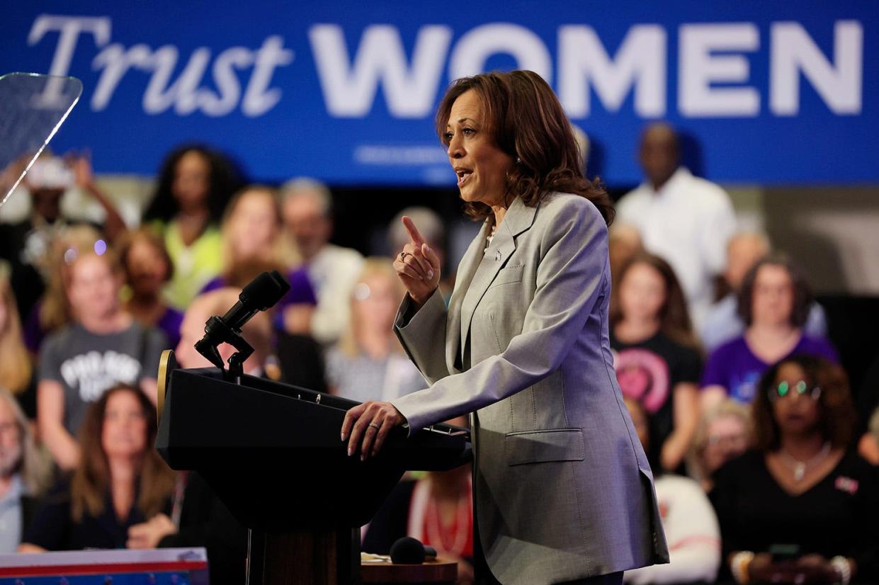 Vice President Kamala Harris speaks Wednesday at the Prime Osborn Convention Center in Jacksonville, Fla. Harris was there to denounce the state's six-week abortion ban, which took effect the same day.