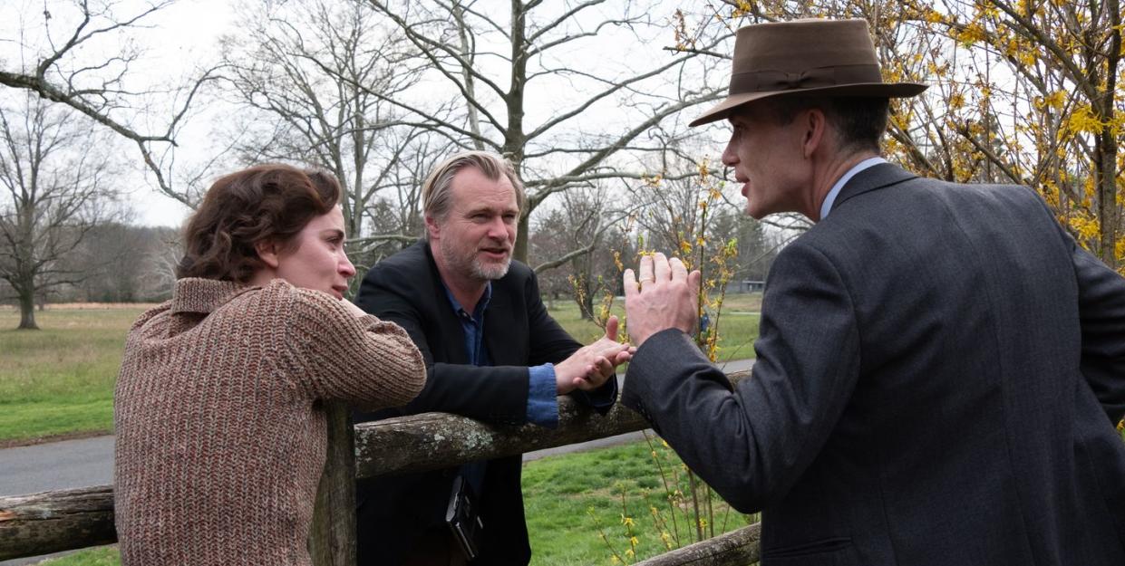 emily blunt, christopher nolan and cillian murphy on the set of oppenheimer