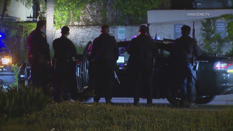 Video from the scene shows multiple police officers with guns drawn around an apartment building in Marina del Rey, CA on April 13, 2024. (OnSceneTV) 