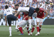 <p>Olivier Giroud goes down after a header </p>