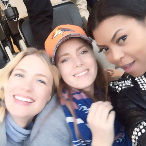 Who knows what’s going on down on the field? All that mattered was that the selfie game — for January Jones, Amy Adams, and Taraji P. Henson — was strong. For the record, Henson didn’t even know who was performing the halftime show. She thought Coldplay was Maroon 5, much to Adam Levine’s amusement. (Photo: Instagram)