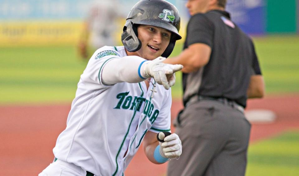 Cincinnati Reds farmhand Austin Hendrick rounds third base after hitting a home run in a game in 2021 when he played for the Daytona Tortugas.