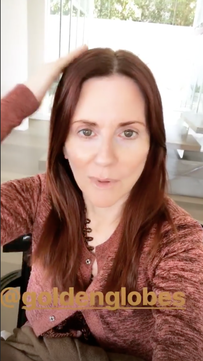 <h1 class="title">megan mullally getting ready for the golden globes 2019</h1><cite class="credit">Megan Mullally Instagram</cite>