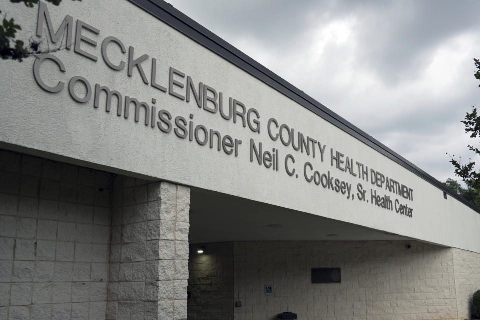 A sign marks one of the locations of the Mecklenburg County Health Department in Charlotte, N.C., on May 25, 2024. The department says it has done bilingual HIV awareness campaigns. (AP Photo/Laura Bargfeld)