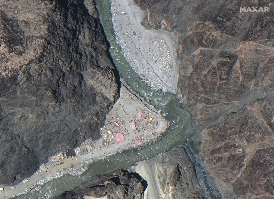 This June 22, 2020, satellite image provided by Maxar Technologies shows the Line of Actual Control (LAC), the border between India and China. Chinese and Indian military commanders agreed to disengage their forces in the disputed area of the Himalayas following a clash that left at least 20 soldiers dead, both countries said. The commanders reached the agreement Monday, June 22, 2020 in their first meeting since the June 15 confrontation, the countries said. (Maxar Technologies via AP)
