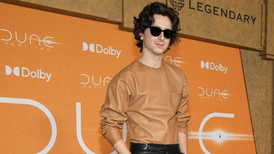 Timothée Chalamet at the U.S. premiere of "Dune: Part 2" held at Josie Robertson Plaza at Lincoln Centeron February 25 in a full leather look