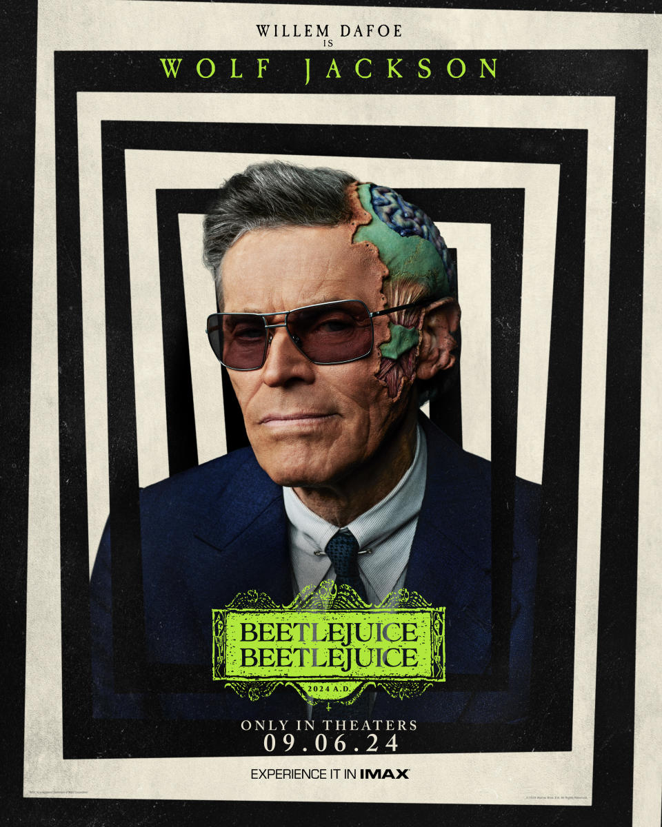 Willem Dafoe stars in 'Beetlejuice 2.' The poster shows Dafoe in sunglasses and a detailed brain-exposing makeup. Release date: 09.06.24. Experience it in IMAX