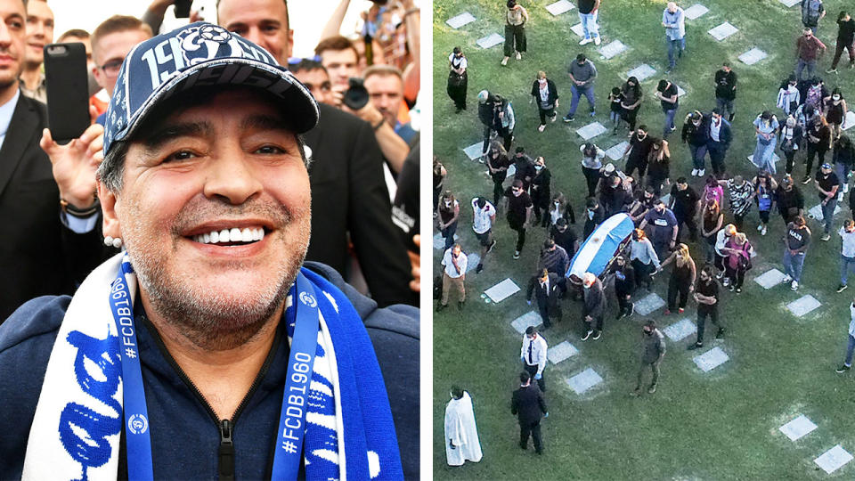 Diego Maradona smiling (pictured left) an aerial view of the burial of late Argentine Maradona (pictured right).