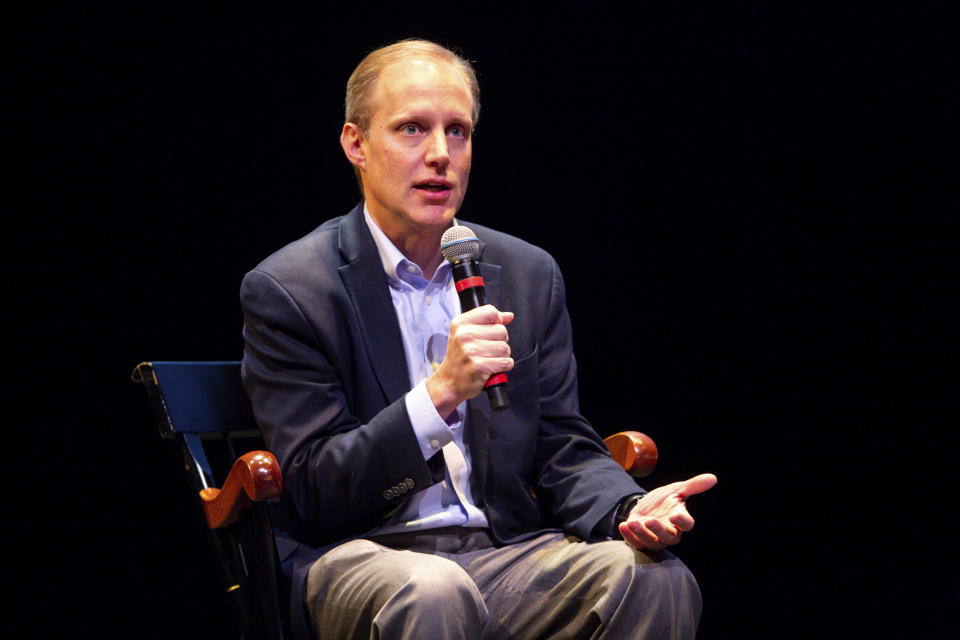 Minnesota Secretary of State Steve Simon speaks during a Q&A with members of Voterama, a student group focused on voter advocacy and awareness at Breck School in Golden Valley, Minn., Friday, Dec. 1, 2023. (AP Photo/Nicole Neri)