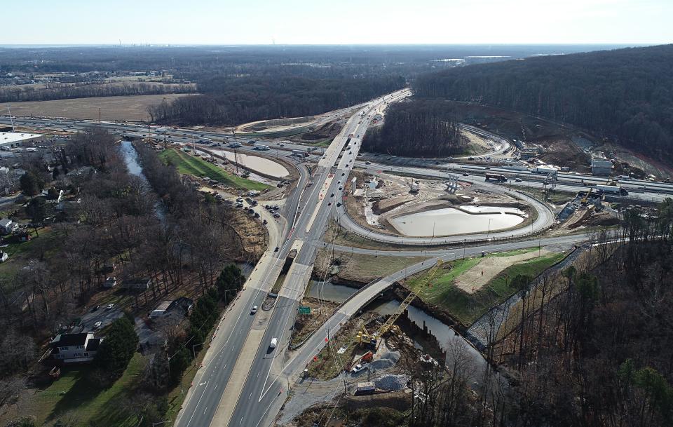 An aerial view of the ongoing construction project at Del. 896 and I-95 interchange.