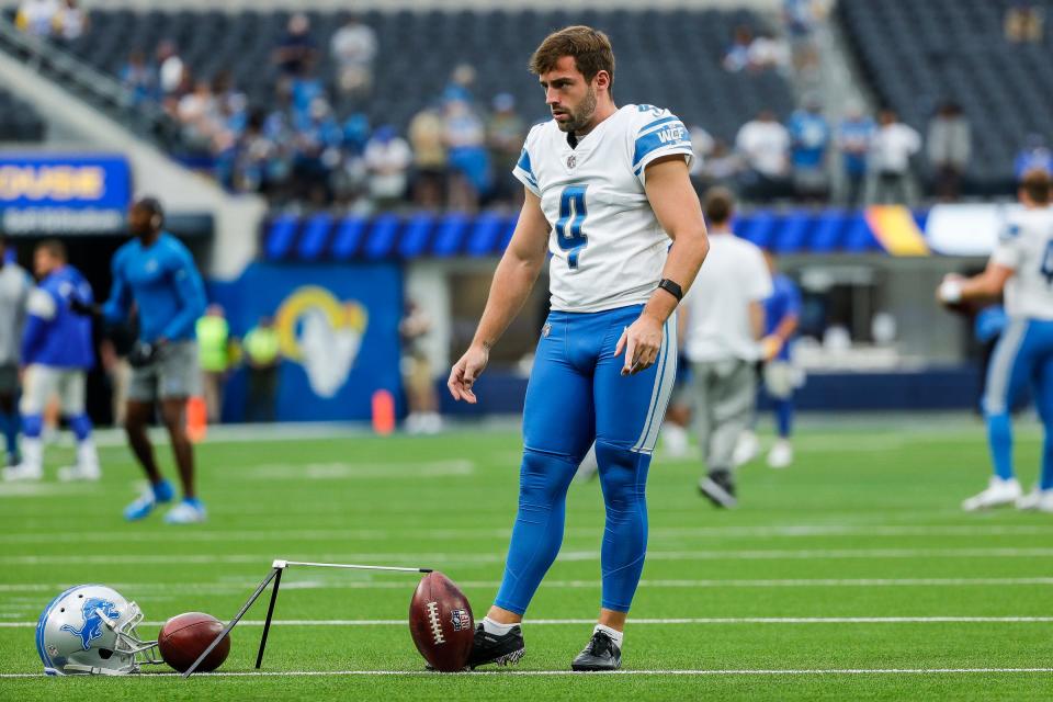 Detroit Lions kicker Austin Seibert (4) warms up before the Los Angeles Rams game at the SoFi Stadium in Inglewood, California on Sunday, Oct. 24, 2021.