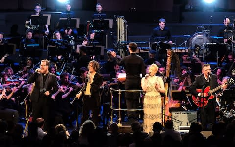 Singers John Grant, Jarvis Cocker, Susanne Sundfør and Richard Hawley perform the finale Get Behind Me at The Songs of Scott Walker (1967-70) with conductor Jules Buckley - Credit: Mark Allan/BBC