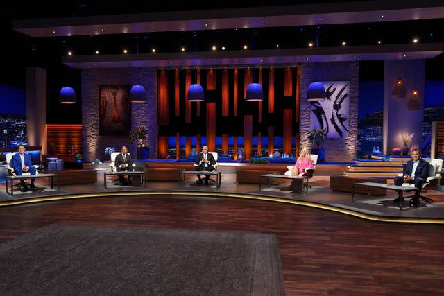 <p>Christopher Willard/ABC via Getty</p> The panel of investors on Shark Tank.