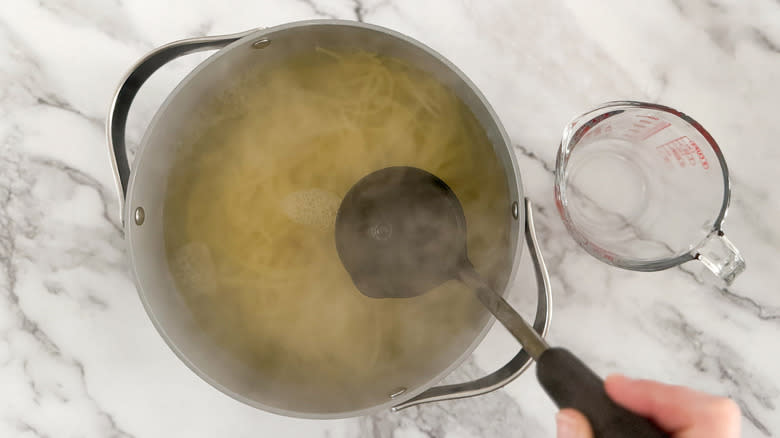 cooked noodles in pot