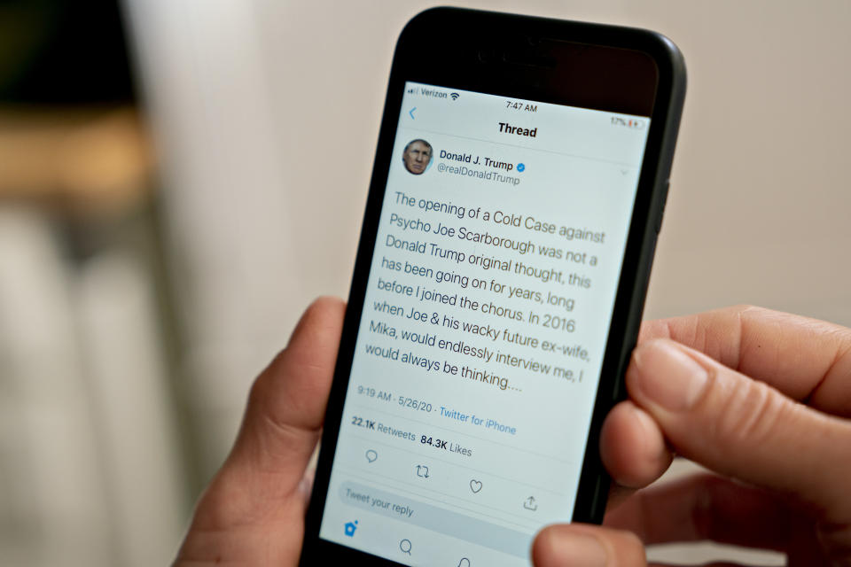 A Joe Scarborough tweet by U.S. President Donald Trump is displayed on a smartphone on May 26, 2020. (Andrew Harrer/Bloomberg via Getty Images)