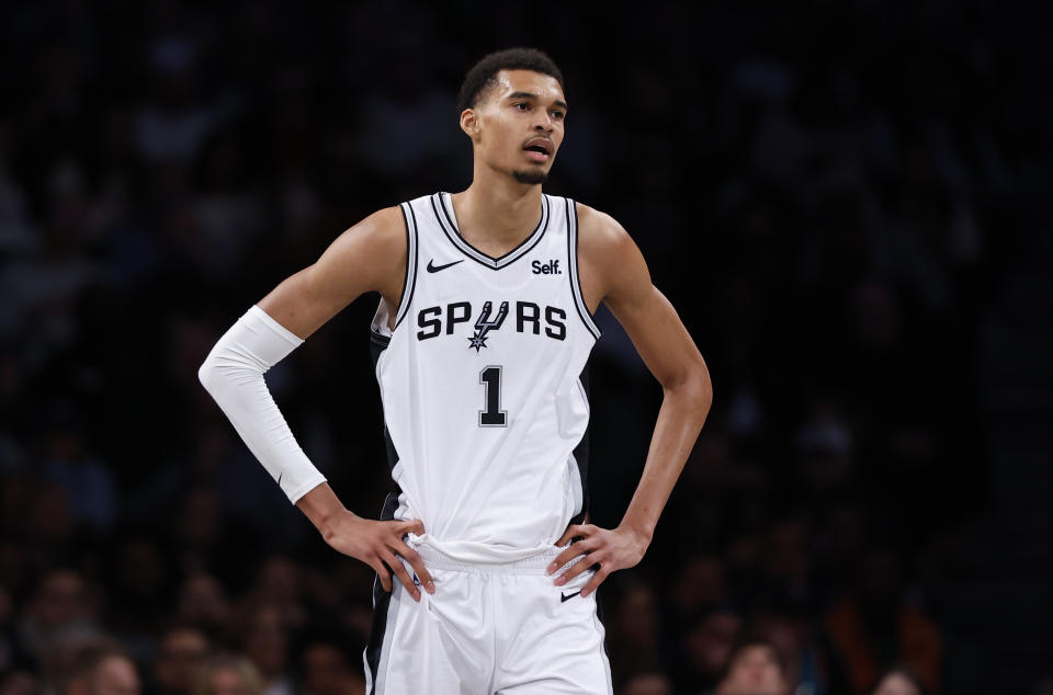 San Antonio Spurs center Victor Wembanyama (1) during the first half of an NBA basketball game against the Brooklyn Nets, Saturday, Feb. 10, 2024, in New York. (AP Photo/Noah K. Murray)