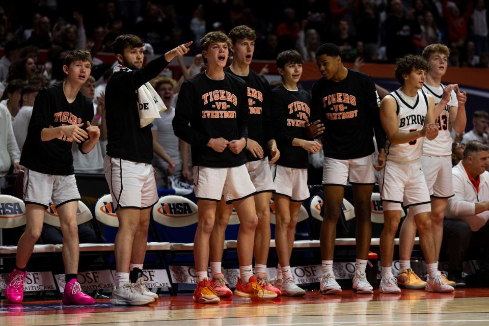Byron cheers after shortly taking the lead during the semifinal game against Benton on Thursday, March 7, 2024, at the State Farm Center in Champaign, Illinois.