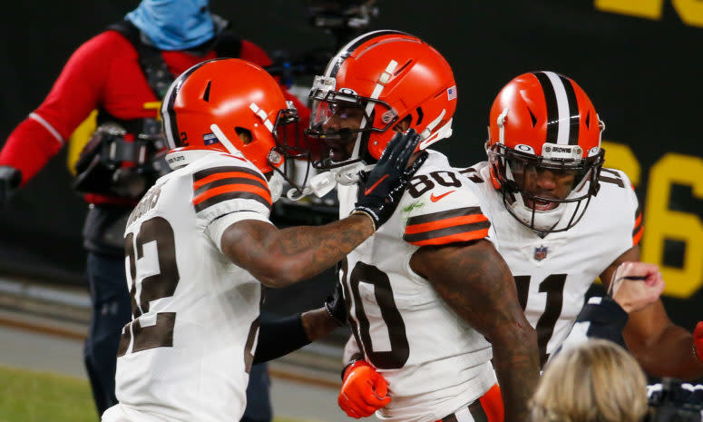 Jarvis Landry celebrating with some Browns teammates.