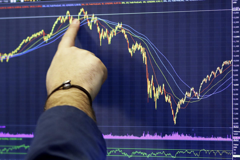 FILE- In this Monday, Nov. 19, 2018, file photo a trader follows a chart at the New York Stock Exchange. (AP Photo/Mark Lennihan, File)