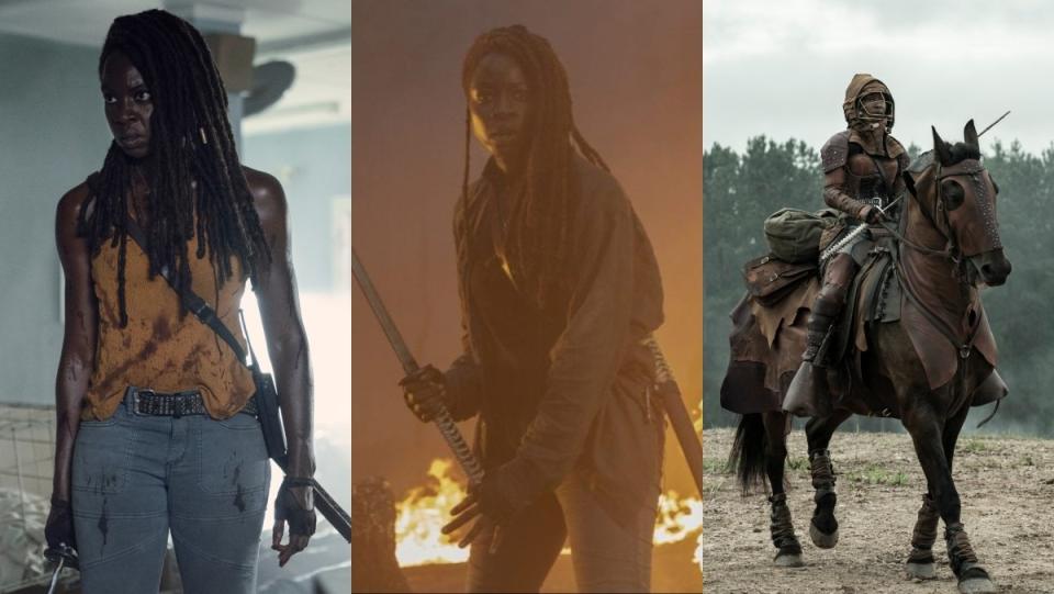 three images of michonne from the walking dead