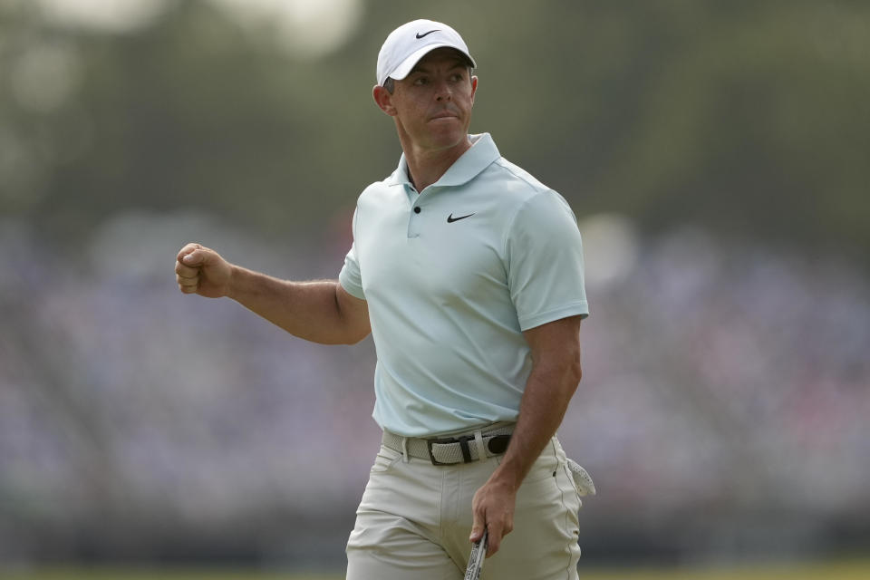 Rory McIlroy, of Northern Ireland, celebrates after a birdie on the 12th hole during the final round of the U.S. Open golf tournament Sunday, June 16, 2024, in Pinehurst, N.C. (AP Photo/Matt York)