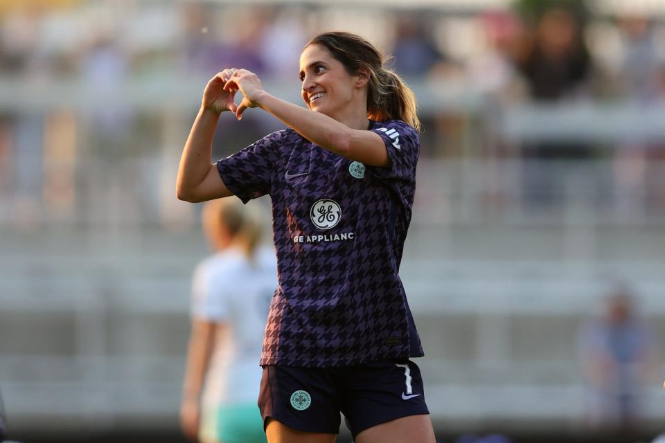 Racing Louisville FC midfielder Savannah DeMelo (7) celebrates after scoring a goal in the first half on May 17, 2023, against the Kansas City Current at Lynn Family Stadium in Louisville, KY.