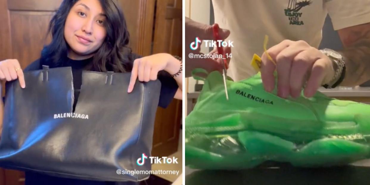 Screnshots from TikToks of people cutting up Balenciaga items.