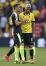 Football Soccer Britain - Watford v Arsenal - Premier League - Vicarage Road - 27/8/16 Arsenal's Granit Xhaka shakes hands with Watford's Valon Behrami after the game Reuters / Hannah McKay Livepic EDITORIAL USE ONLY. No use with unauthorized audio, video, data, fixture lists, club/league logos or "live" services. Online in-match use limited to 45 images, no video emulation. No use in betting, games or single club/league/player publications. Please contact your account representative for further details.