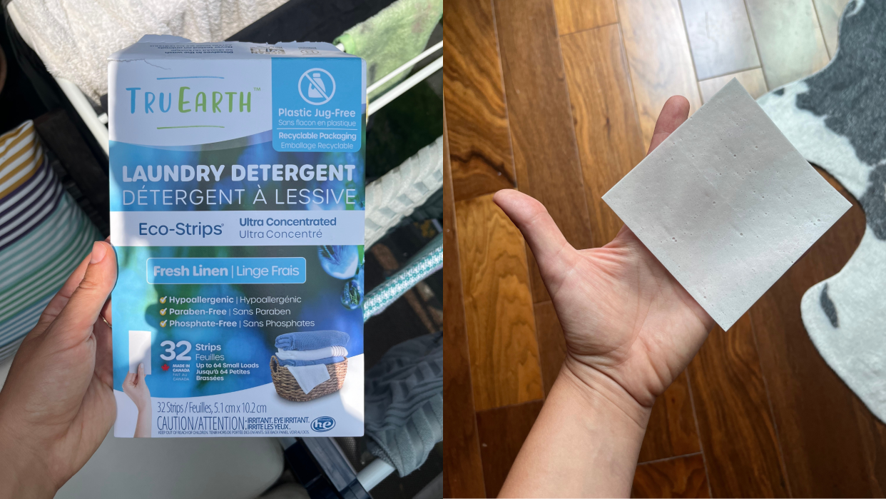 tru earth laundry review, split screen of hand holding Tru Earth Compact Dry Laundry Detergent Sheets  atop drying laundry and single sheet of Tru Earth Compact Dry Laundry Detergent Sheets 