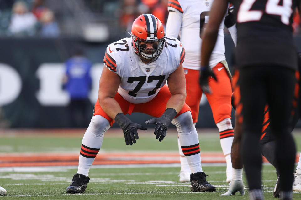 Cleveland Browns right guard Wyatt Teller went from a fifth-round pick who was traded after his rookie season to one of the best interior blockers in the NFL. (Photo by Ian Johnson/Icon Sportswire via Getty Images)