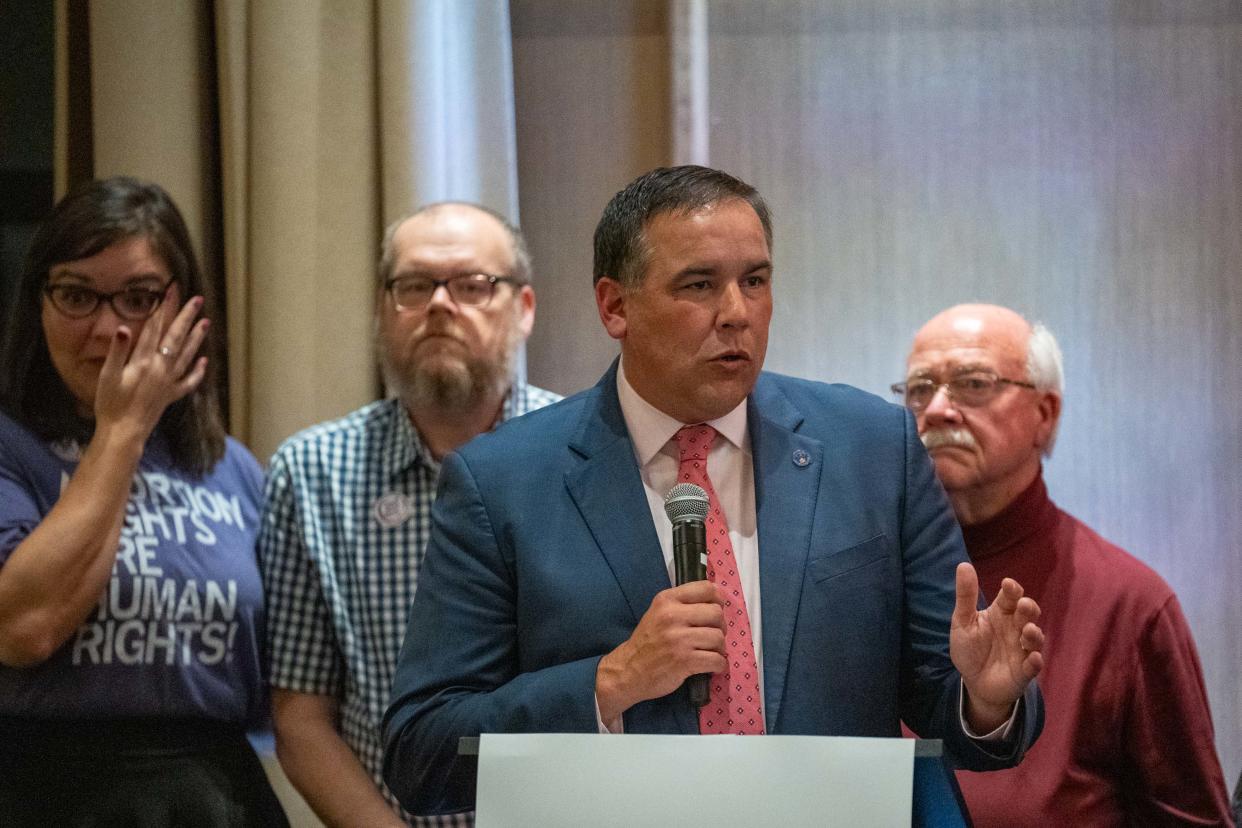 Columbus Mayor Andrew J. Ginther thanks his supporters for reelecting him on Tuesday, Nov. 7, 2023, during the Franklin County Democratic Party's election watch party at the Junto Hotel.