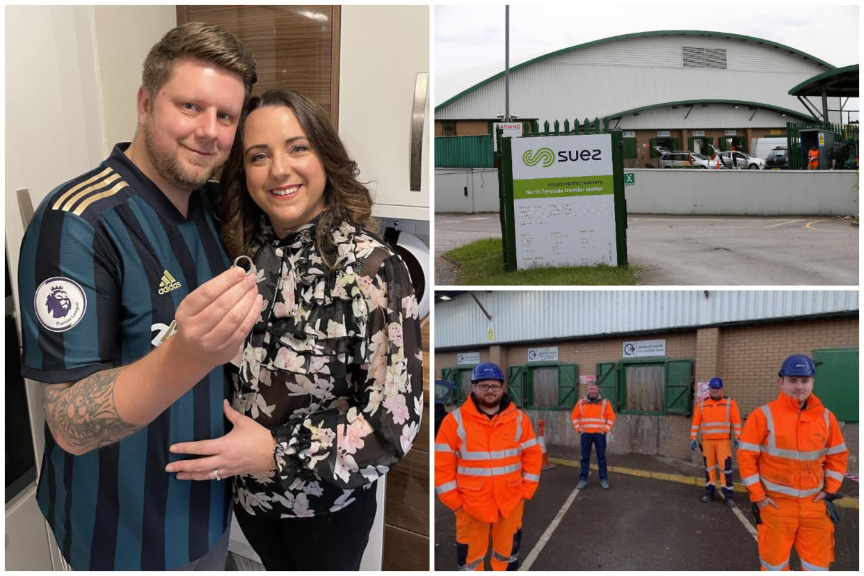 James and Lara have praised staff after workers found the former's missing wedding ring under a mound of rubbish. (Reach)