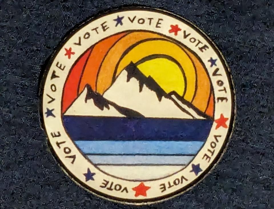 One of three designs of Shasta County's 'I voted' stickers comes with ballots for voting in the 2024 Presidential Primary Election on March 5.