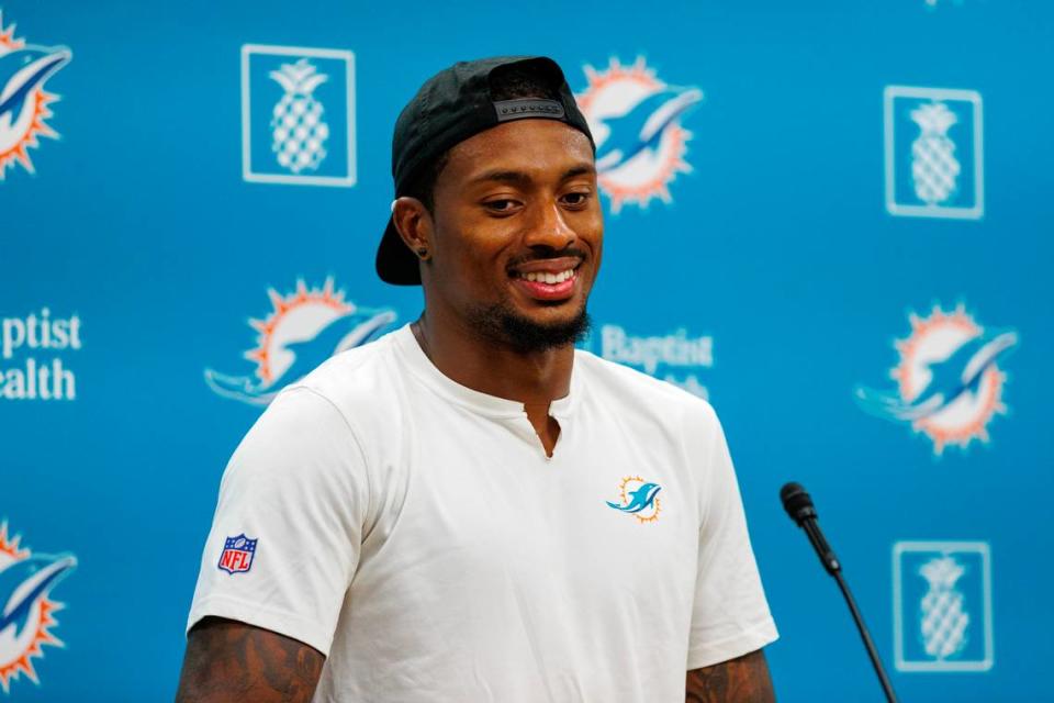 Miami Dolphins safety DeShon Elliott (21) speaks with the media after NFL football training camp at Baptist Health Training Complex in Hard Rock Stadium on Tuesday, August 1, 2023 in Miami Gardens, Florida.