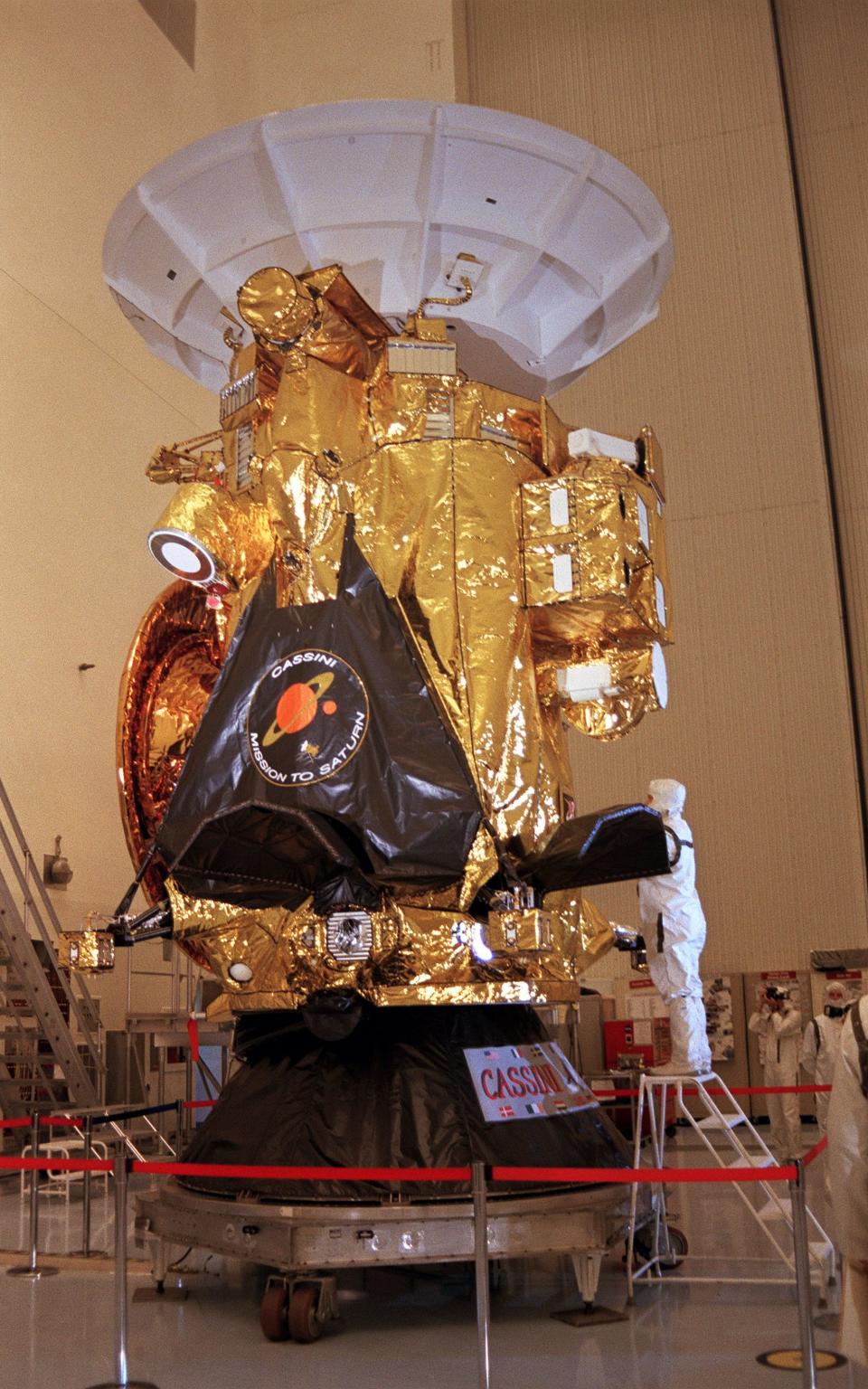 The Cassini spacecraft is prepared on August 22 1997 ahead of launch - Credit:  BRUCE WEAVER/ AFP/Getty Images