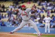 St. Louis Cardinals starting pitcher Lance Lynn throws against the Los Angeles Dodgers during the first inning of a baseball game, Saturday, March 30, 2024, in Los Angeles. (AP Photo/Jae C. Hong)