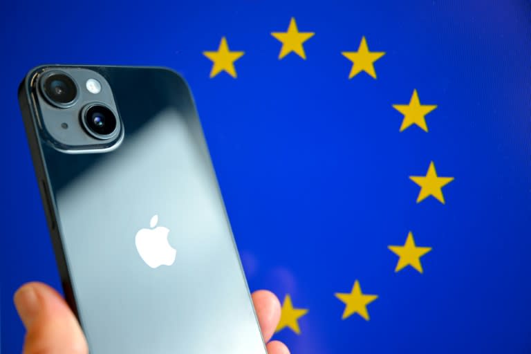 Un iPhone devant le drapeau européen, photo prise le 9 septembre 2024 (Nicolas TUCAT)