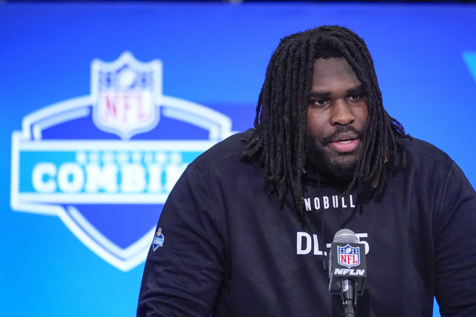 Texas defensive lineman T'Vondre Sweat speaks during a press conference at the NFL football scouting combine in Indianapolis, Wednesday, Feb. 28, 2024. (AP Photo/Michael Conroy)